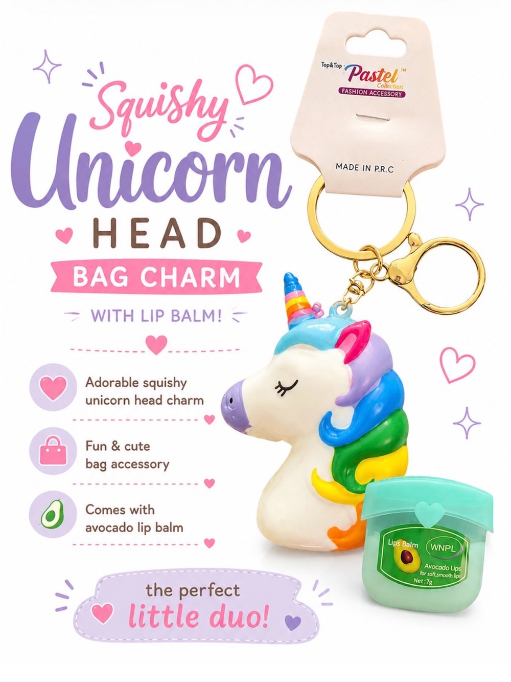 SQUISHY UNICORN HEAD KAWAII  BAG CHARM KEYCHAIN & LIP BALM SET